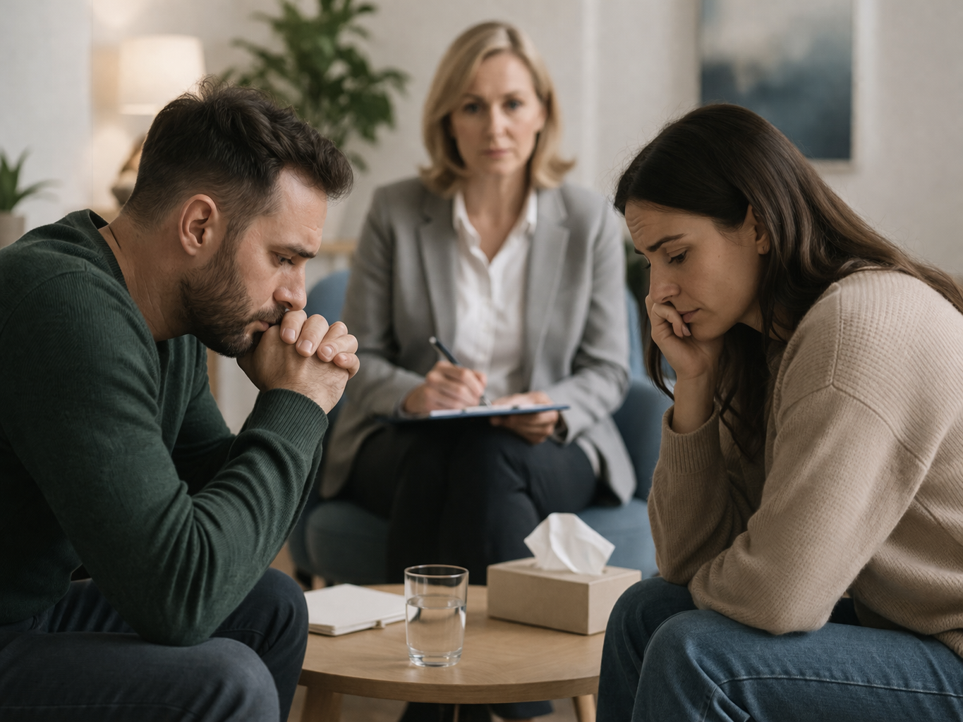 Illustration of two people sitting at a table with a mediator, having a calm and respectful conversation