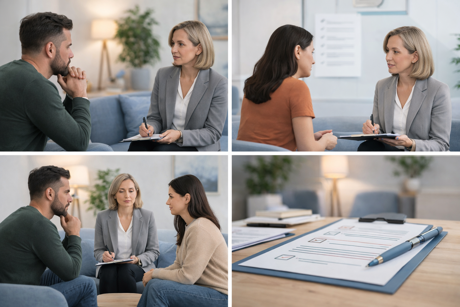 Illustration of a mediator guiding two people through a structured conversation, with clear steps and a calm atmosphere