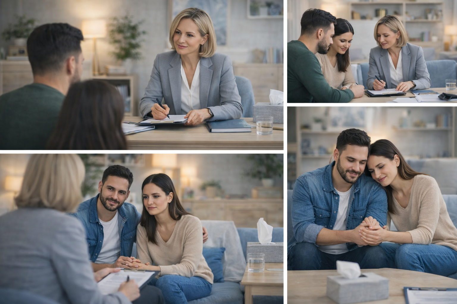 Illustration of a family sitting together in a calm, supportive environment, with a mediator facilitating a conversation between them